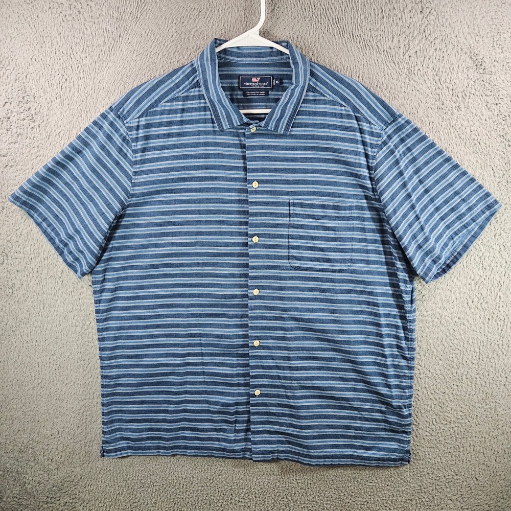 Vineyard Vines Mens XL Classic Fit Shirt Blue Striped Short Sleeve Stretch